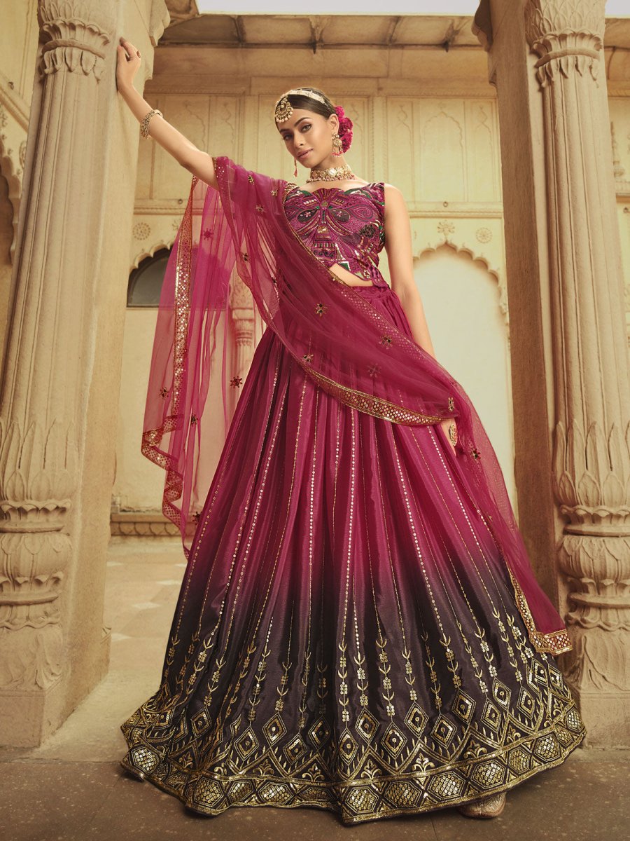 Pink and Purple Silk Embroidered Lehenga Choli