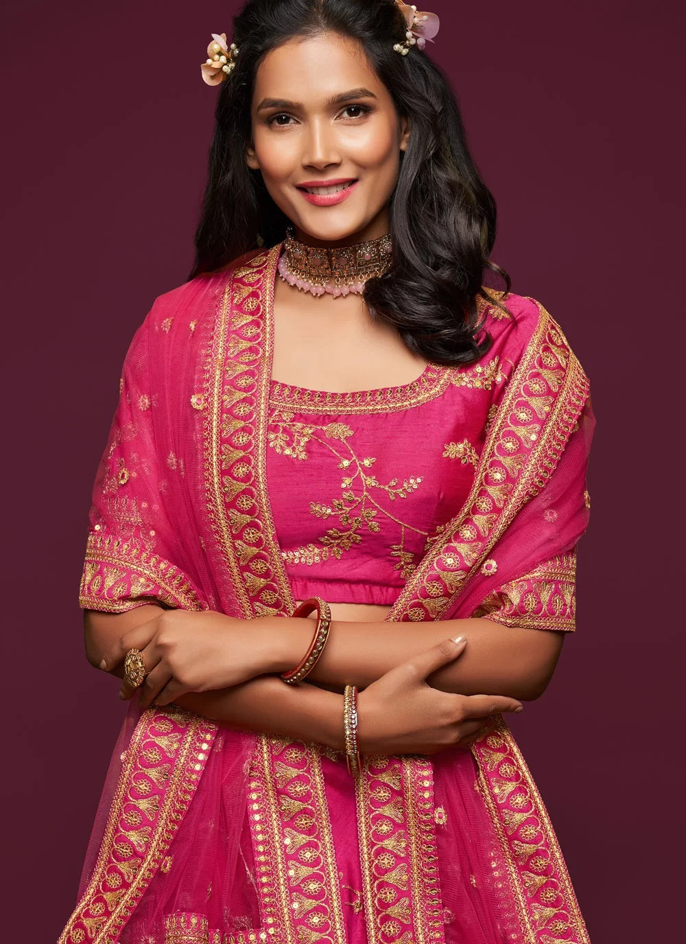 Pink art silk embroidered lehenga choli with dupatta