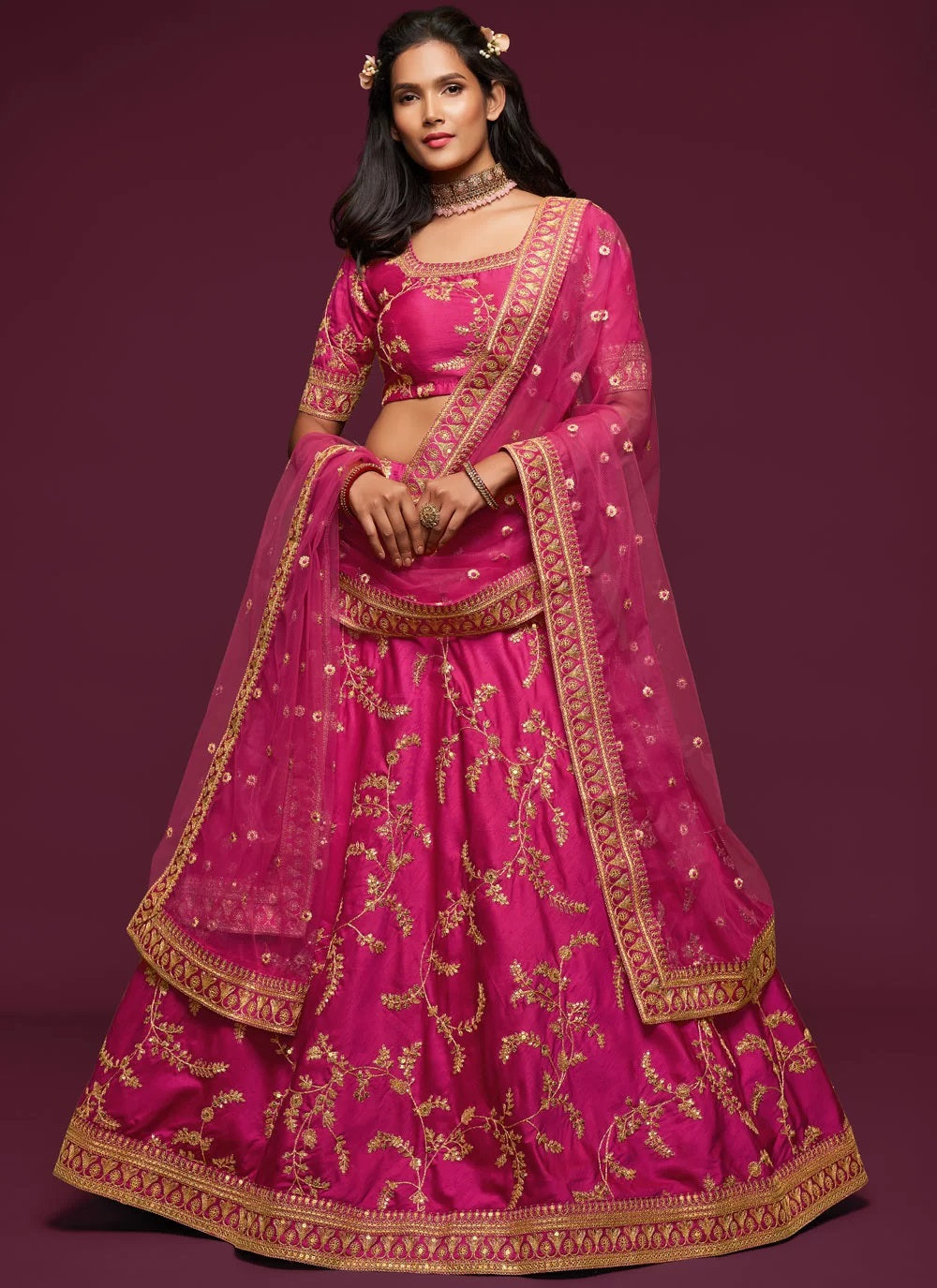 Pink art silk embroidered lehenga choli with dupatta