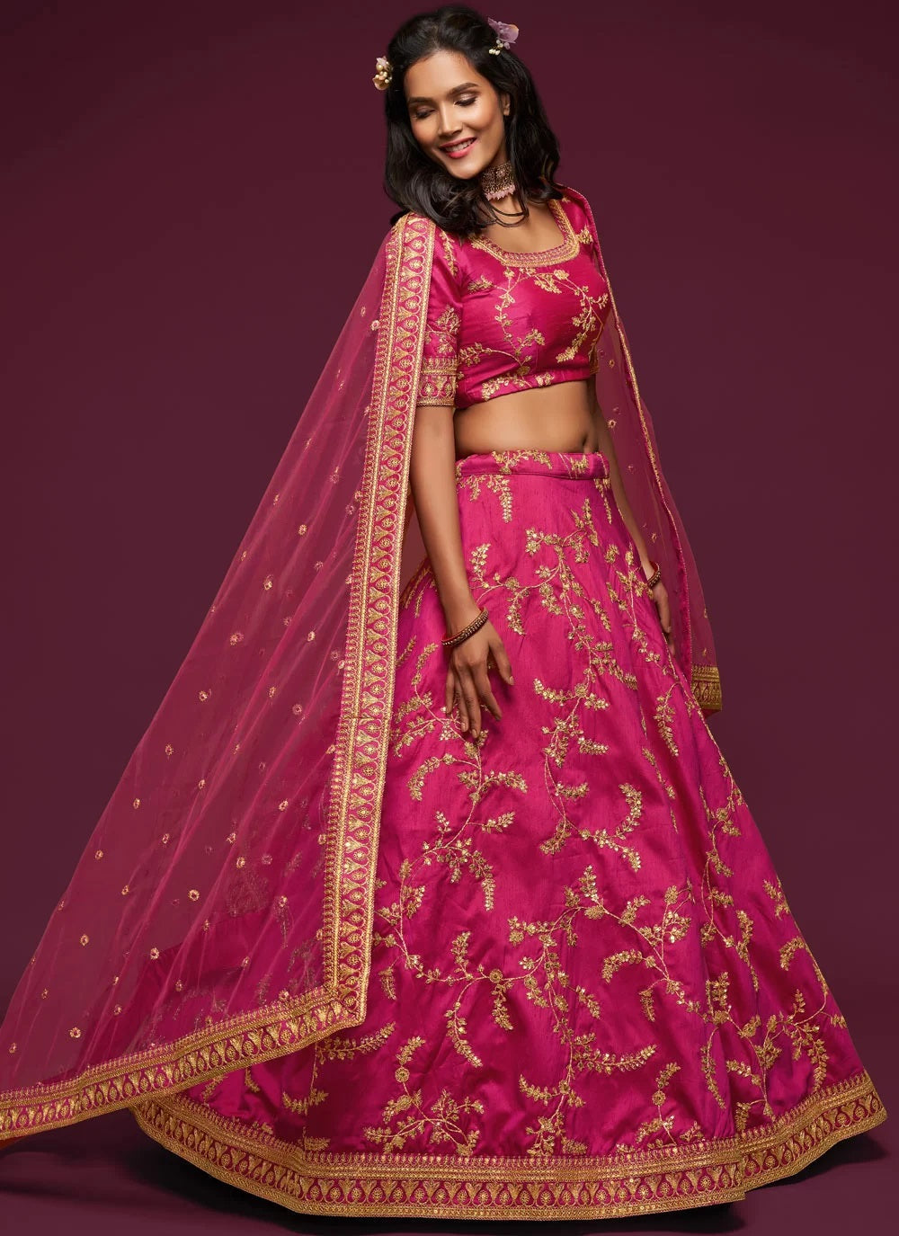 Pink art silk embroidered lehenga choli with dupatta