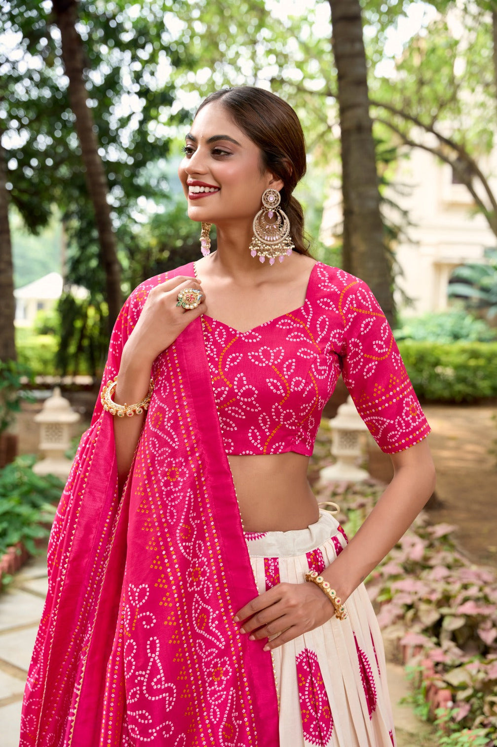 Pink Artistry in Silk Tussar Lehenga Choli with Bandhej Print & Gotta Patti Accents
