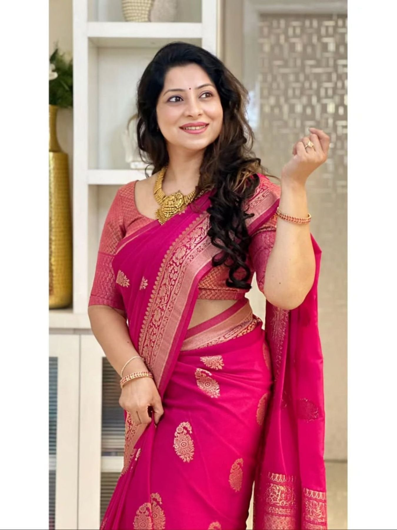 Pink Banarasi Soft Silk Saree with Zari Border for Festive Functions