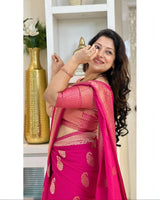 Pink Banarasi Soft Silk Saree with Zari Border for Festive Functions