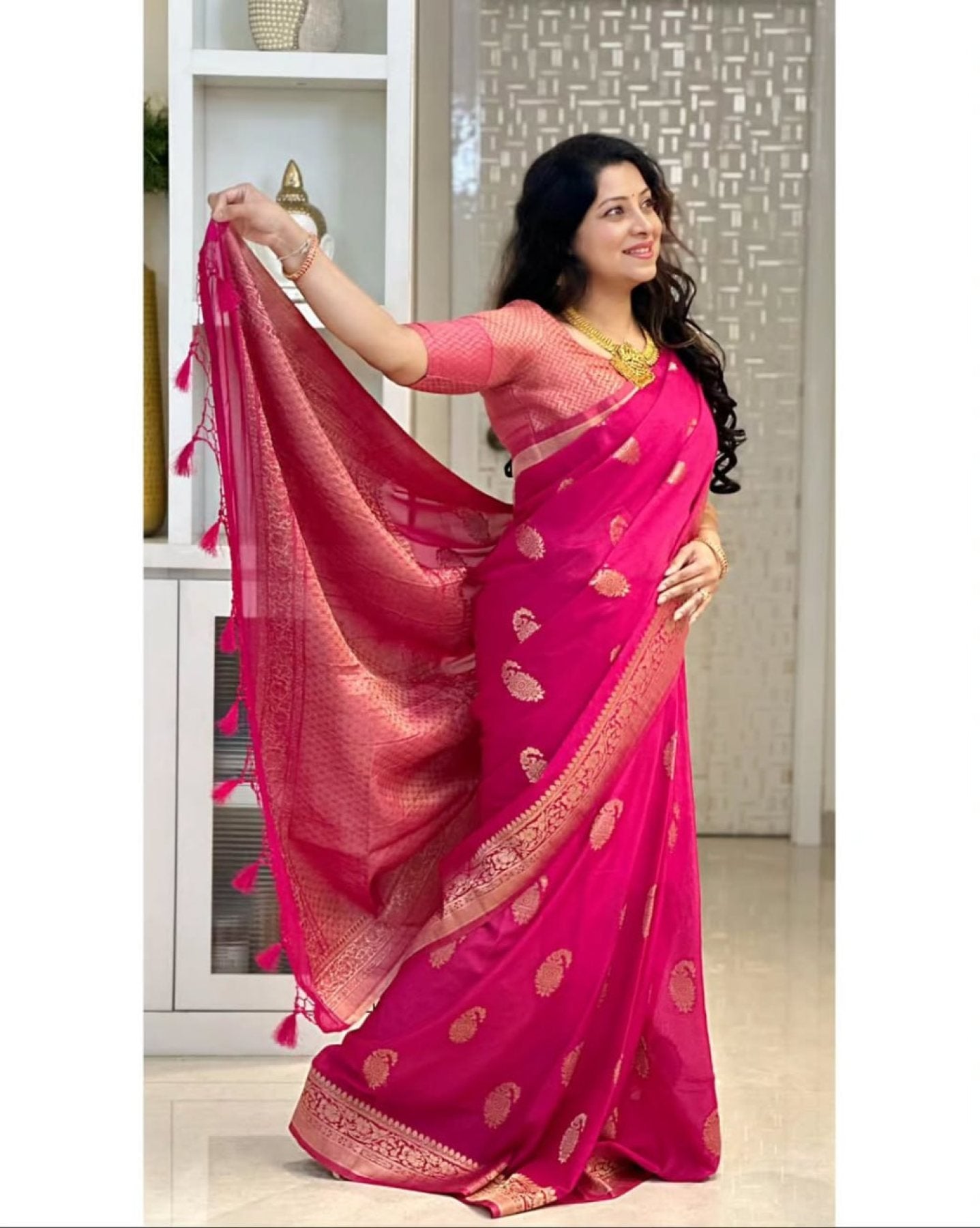 Pink Banarasi Soft Silk Saree with Zari Border for Festive Functions