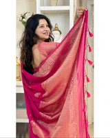 Pink Banarasi Soft Silk Saree with Zari Border for Festive Functions