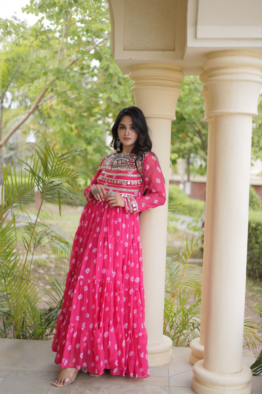 Pink Bandhani Gown with Kutchi Patchwork