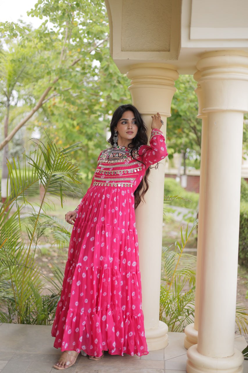 Pink Bandhani Gown with Kutchi Patchwork