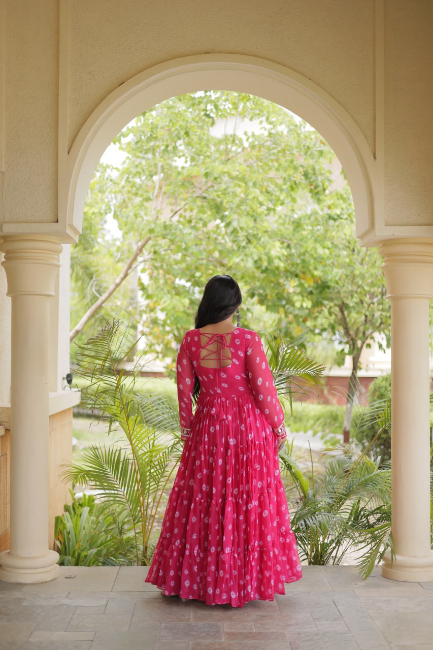 Pink Bandhani Gown with Kutchi Patchwork