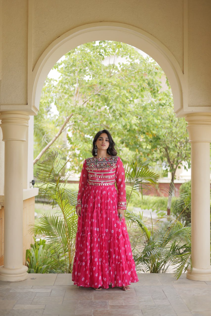 Pink Bandhani Gown with Kutchi Patchwork