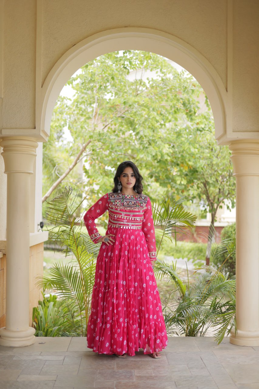 Pink Bandhani Gown with Kutchi Patchwork
