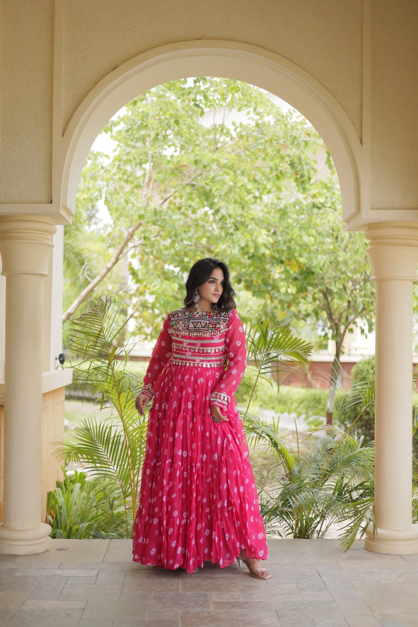Pink Bandhani Gown with Kutchi Patchwork