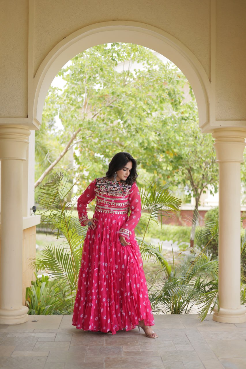 Pink Bandhani Gown with Kutchi Patchwork