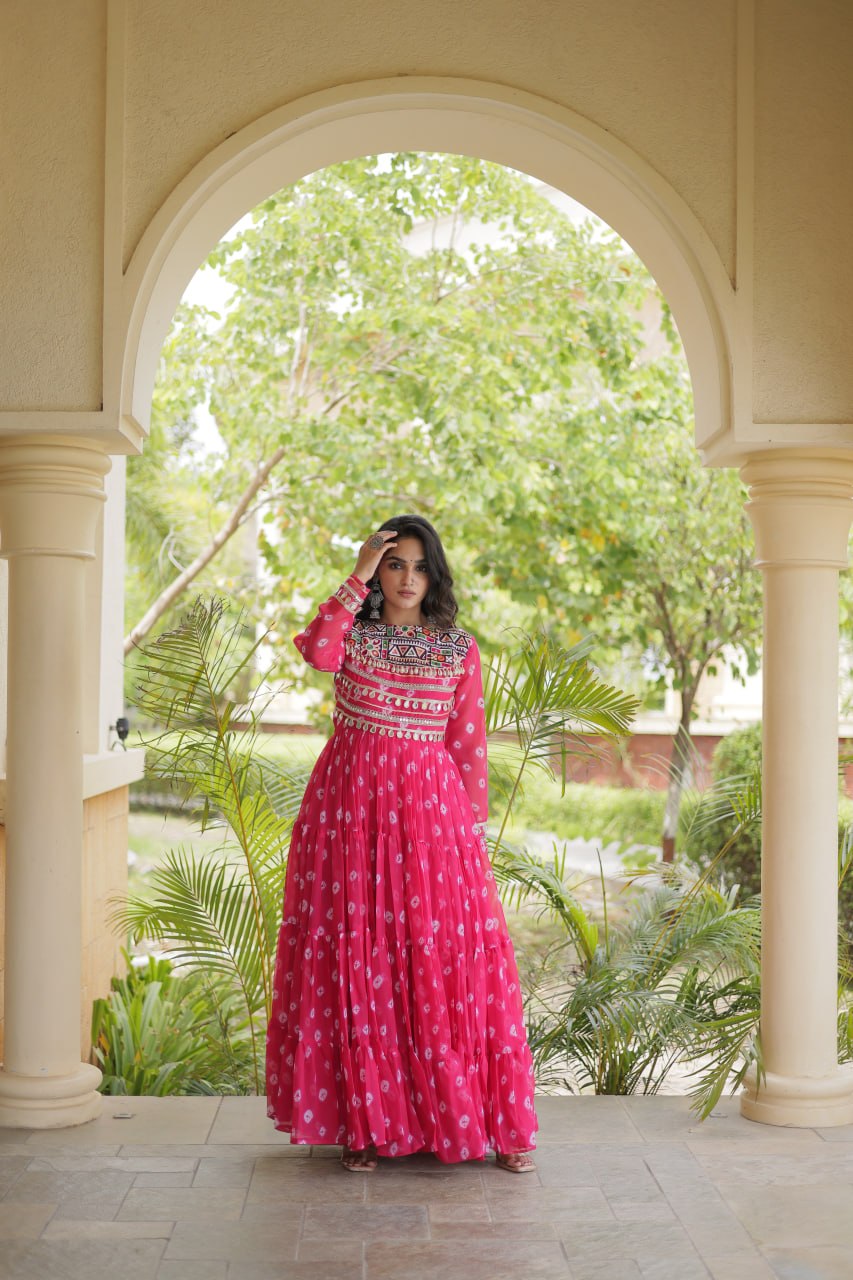 Pink Bandhani Gown with Kutchi Patchwork