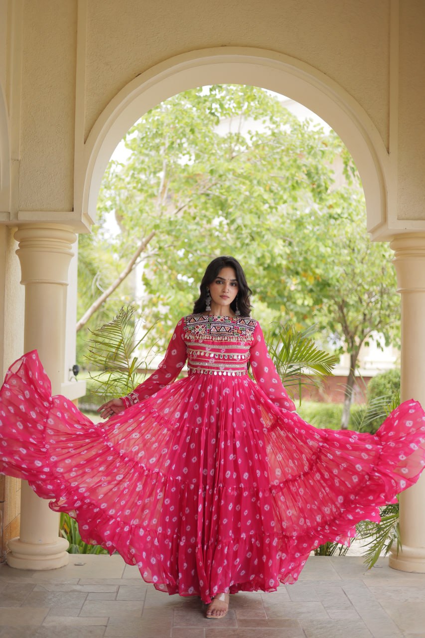 Pink Bandhani Gown with Kutchi Patchwork