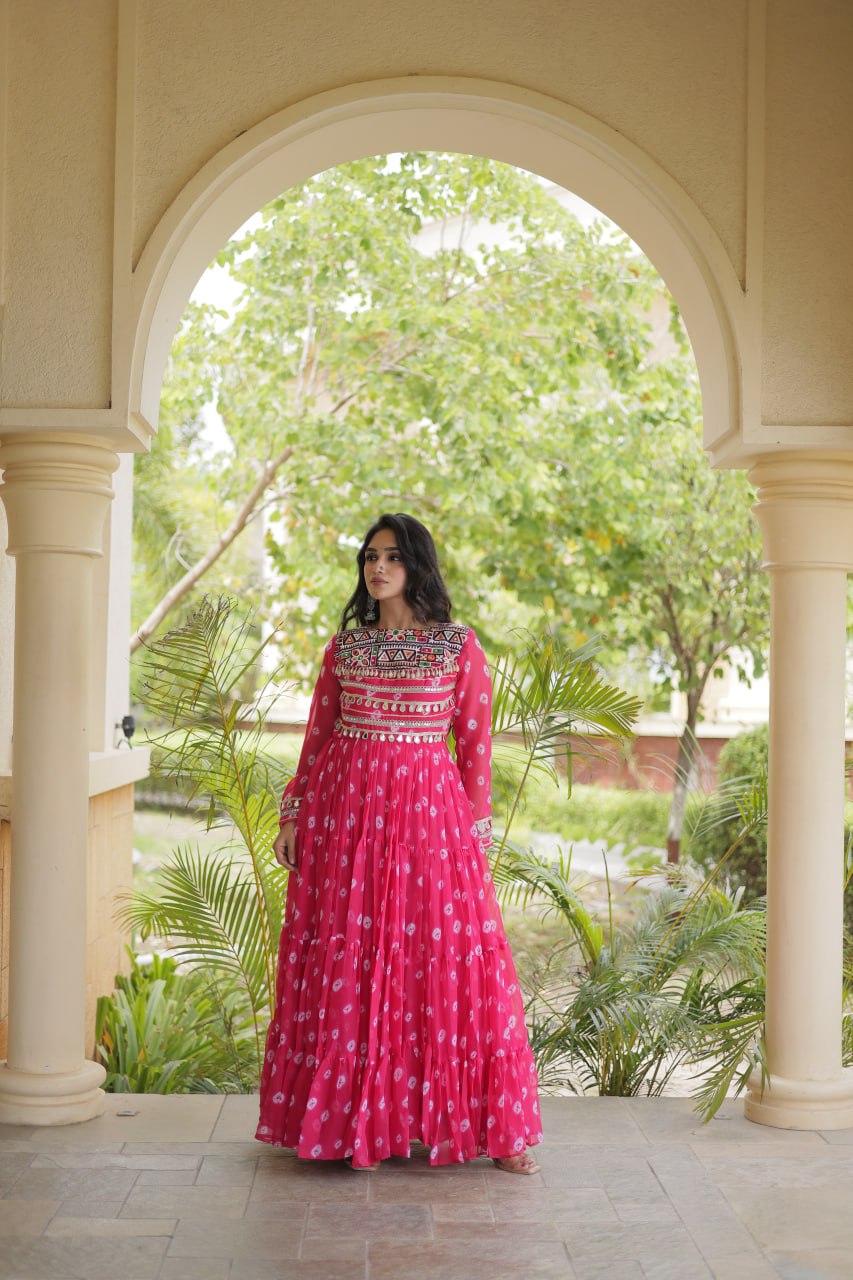 Pink Bandhani Gown with Kutchi Patchwork