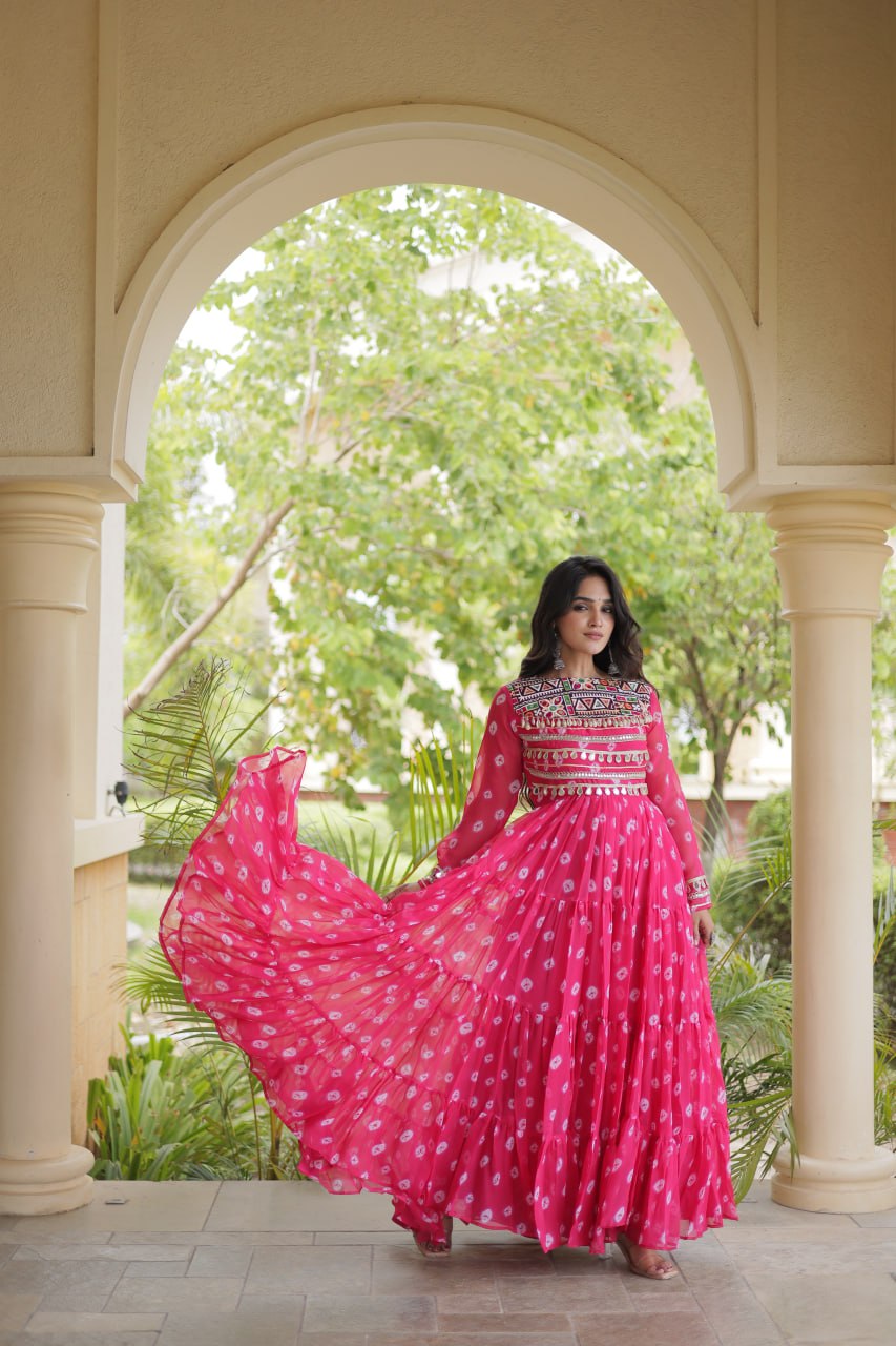 Pink Bandhani Gown with Kutchi Patchwork