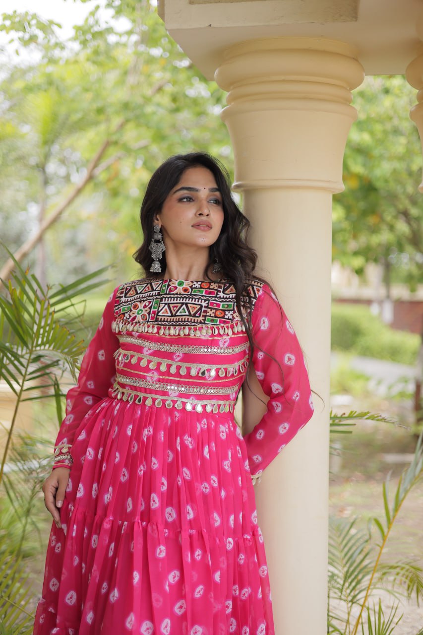 Pink Bandhani Gown with Kutchi Patchwork