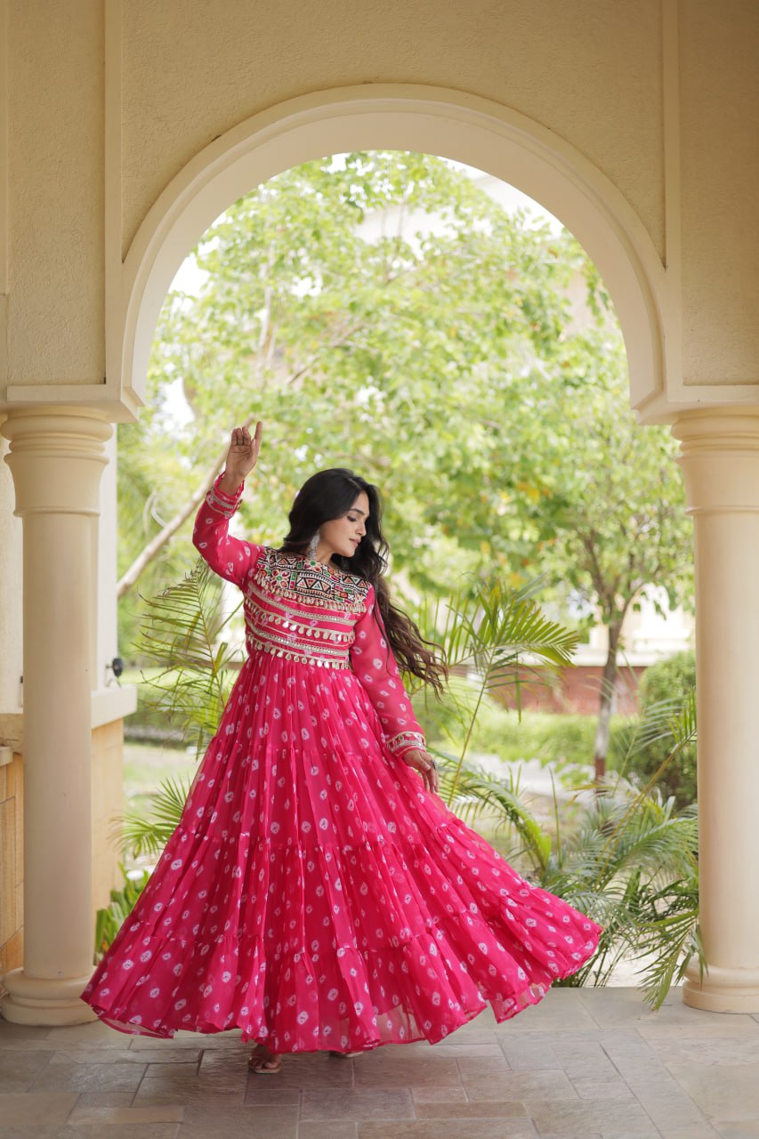 Pink Bandhani Gown with Kutchi Patchwork