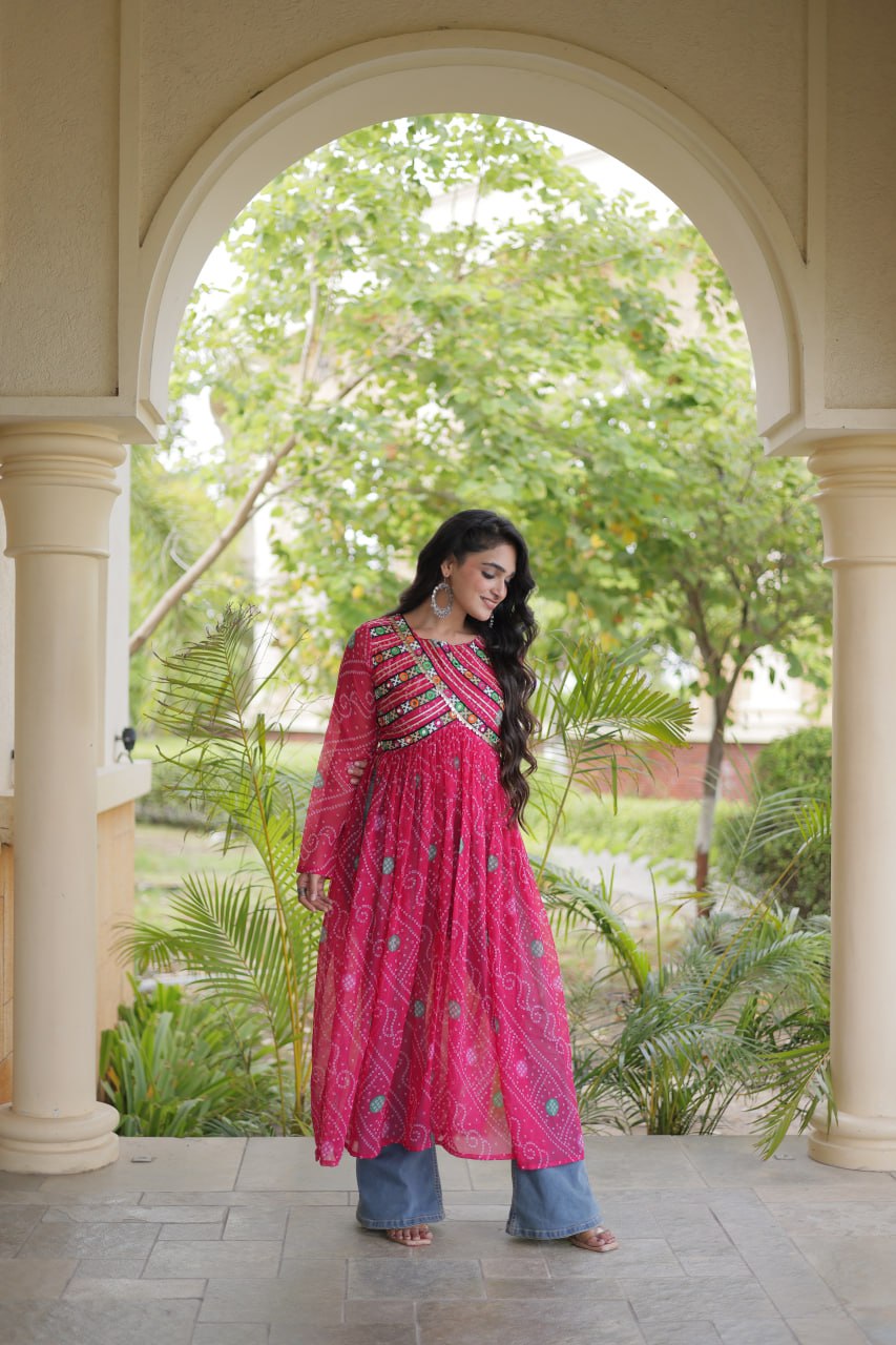 Pink Bandhani Kurti with Kutchi Patchwork
