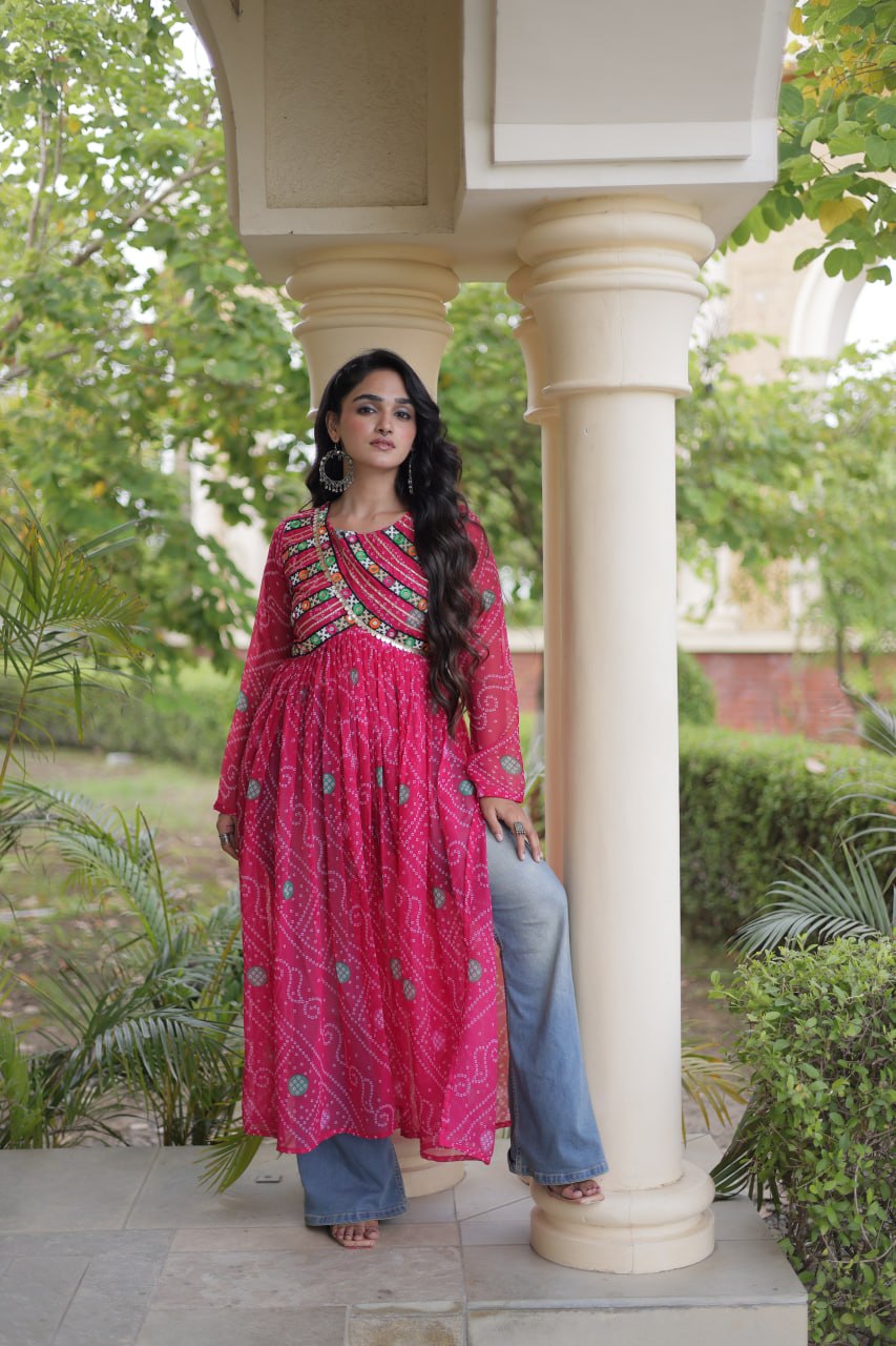 Pink Bandhani Kurti with Kutchi Patchwork