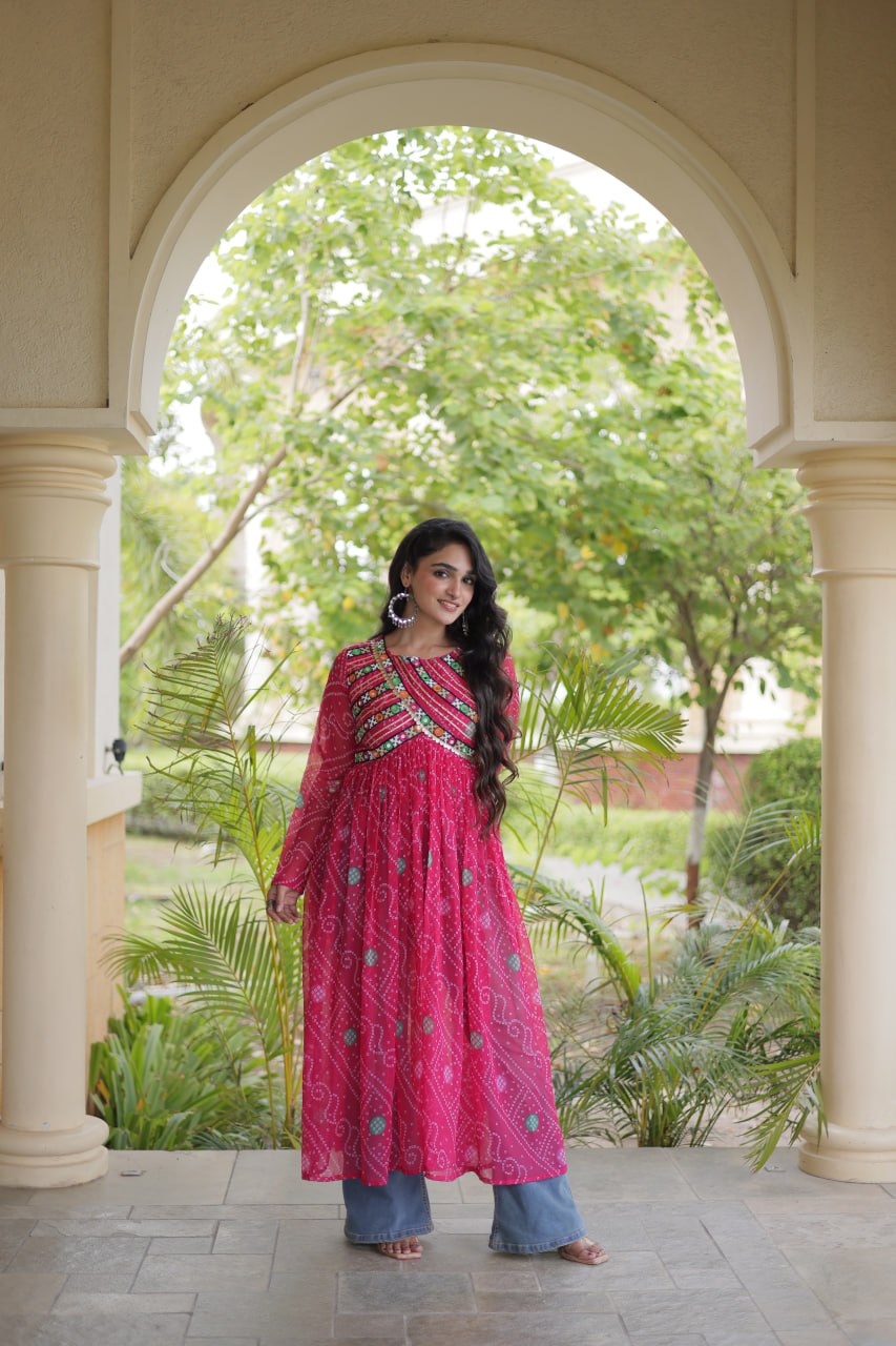 Pink Bandhani Kurti with Kutchi Patchwork