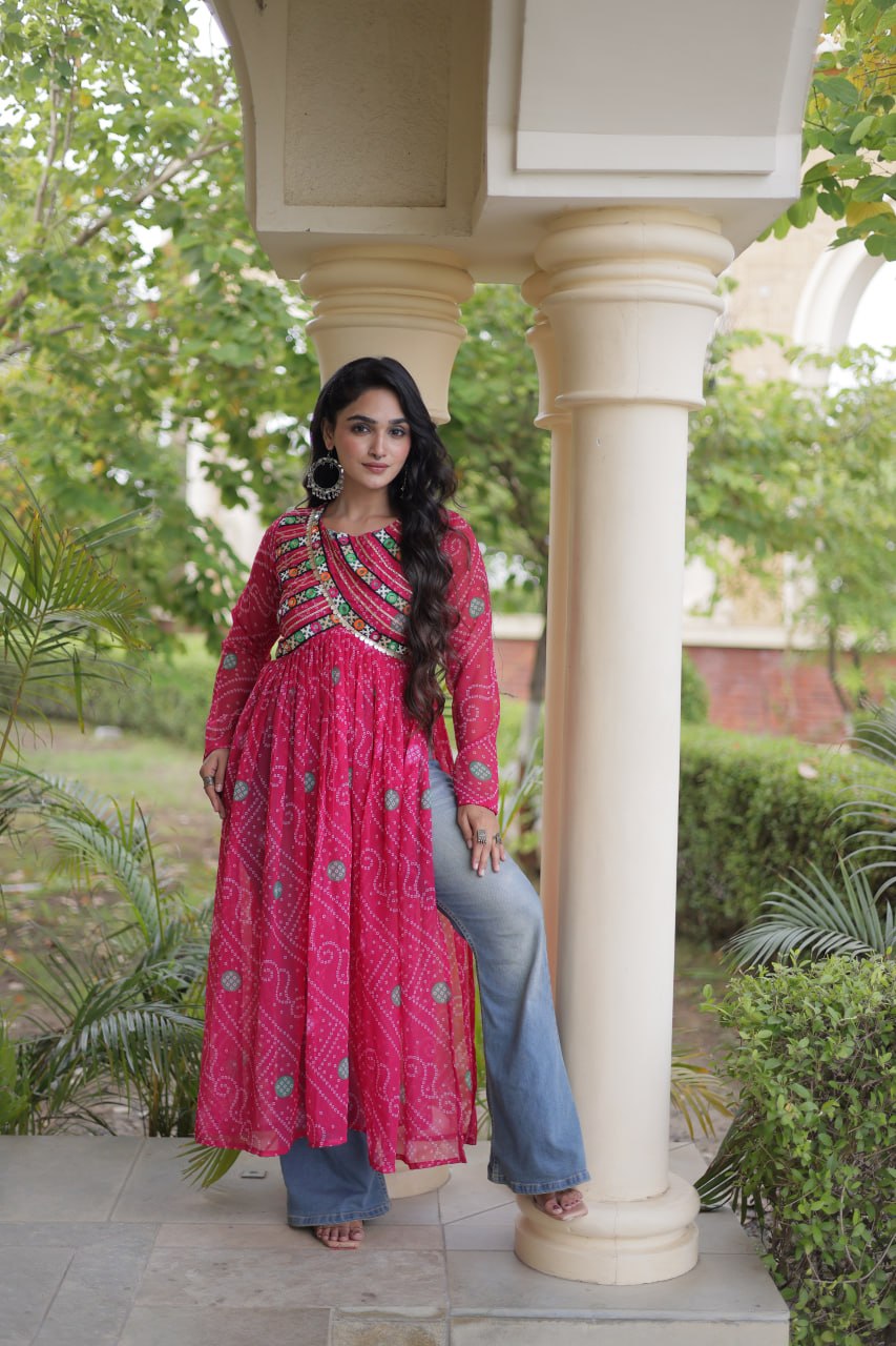 Pink Bandhani Kurti with Kutchi Patchwork