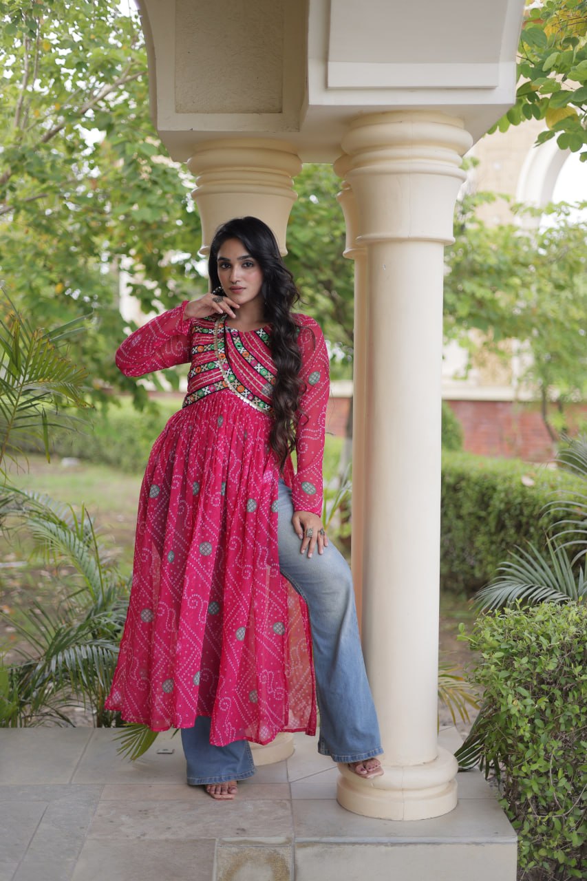 Pink Bandhani Kurti with Kutchi Patchwork