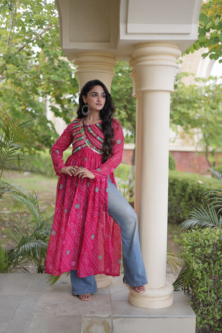 Pink Bandhani Kurti with Kutchi Patchwork