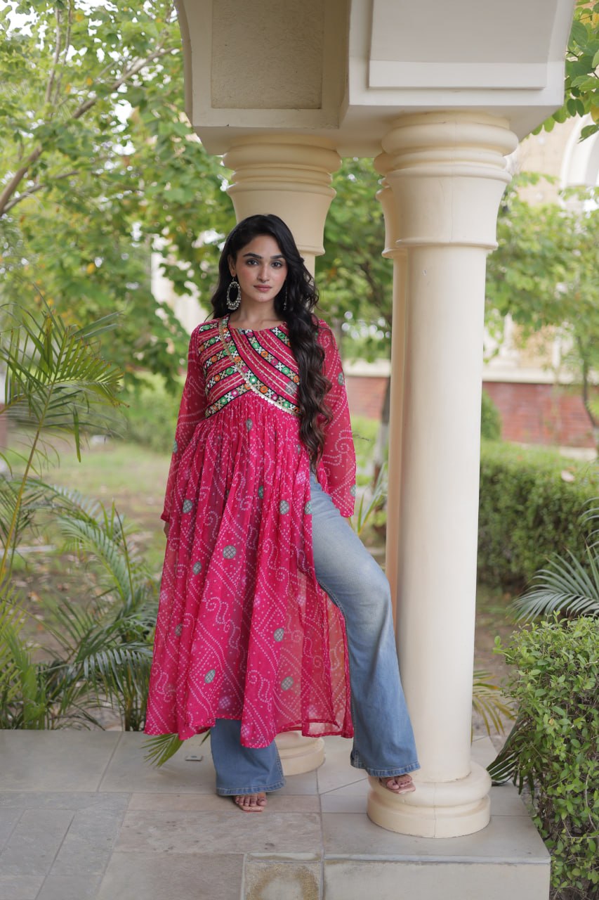 Pink Bandhani Kurti with Kutchi Patchwork