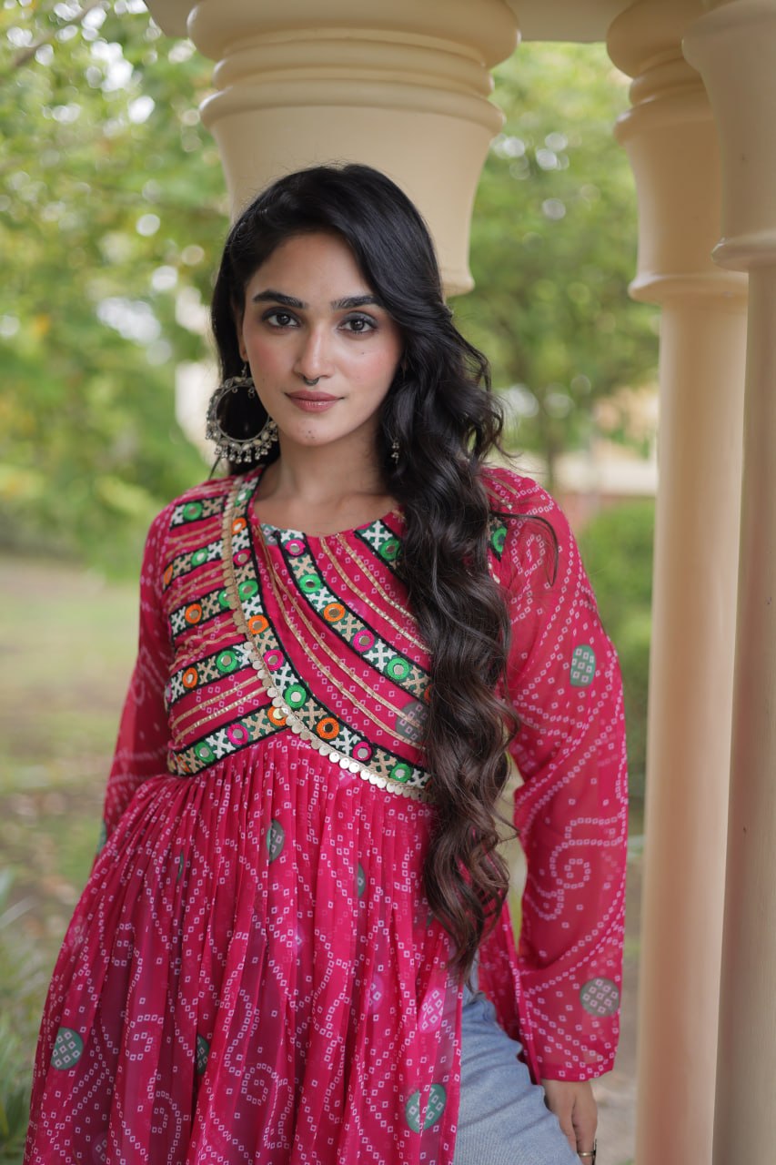 Pink Bandhani Kurti with Kutchi Patchwork