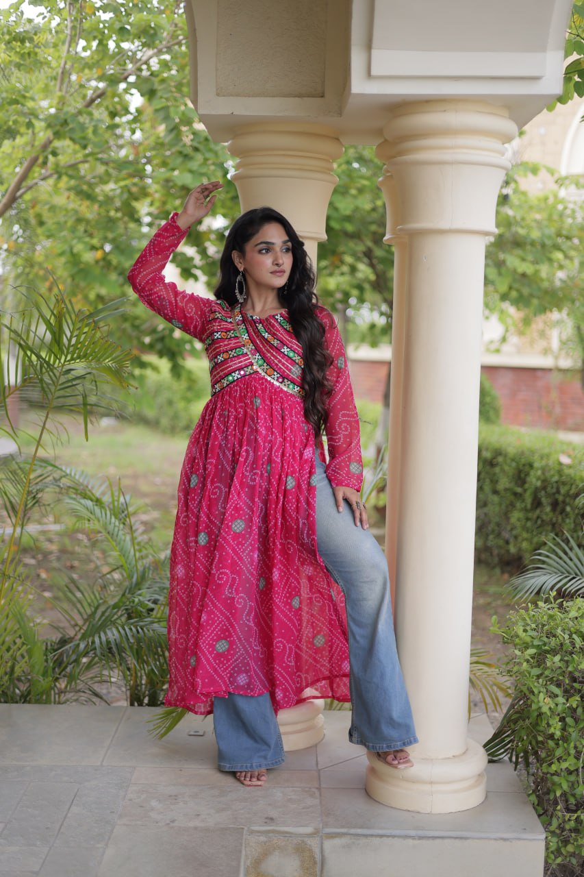 Pink Bandhani Kurti with Kutchi Patchwork