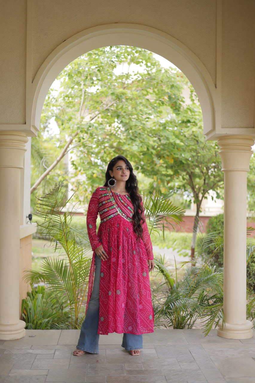 Pink Bandhani Kurti with Kutchi Patchwork