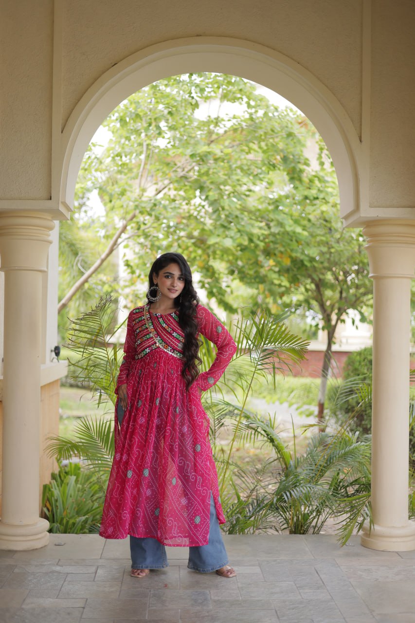 Pink Bandhani Kurti with Kutchi Patchwork