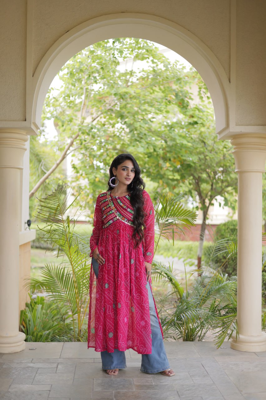 Pink Bandhani Kurti with Kutchi Patchwork