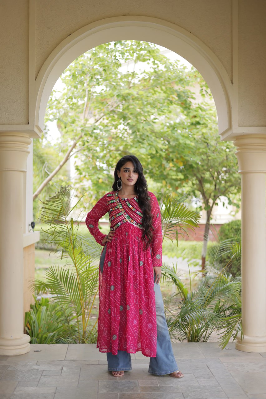 Pink Bandhani Kurti with Kutchi Patchwork