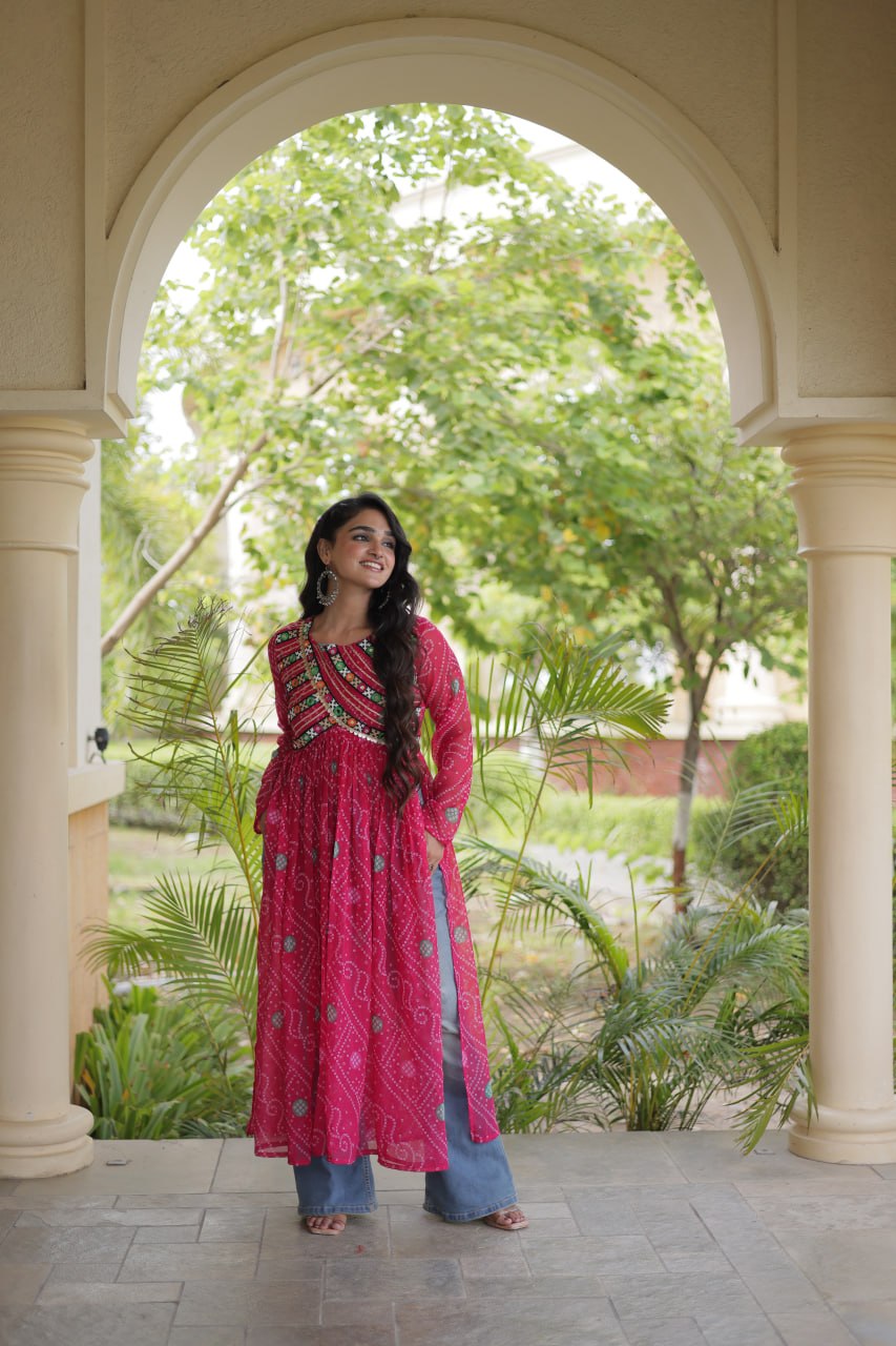 Pink Bandhani Kurti with Kutchi Patchwork