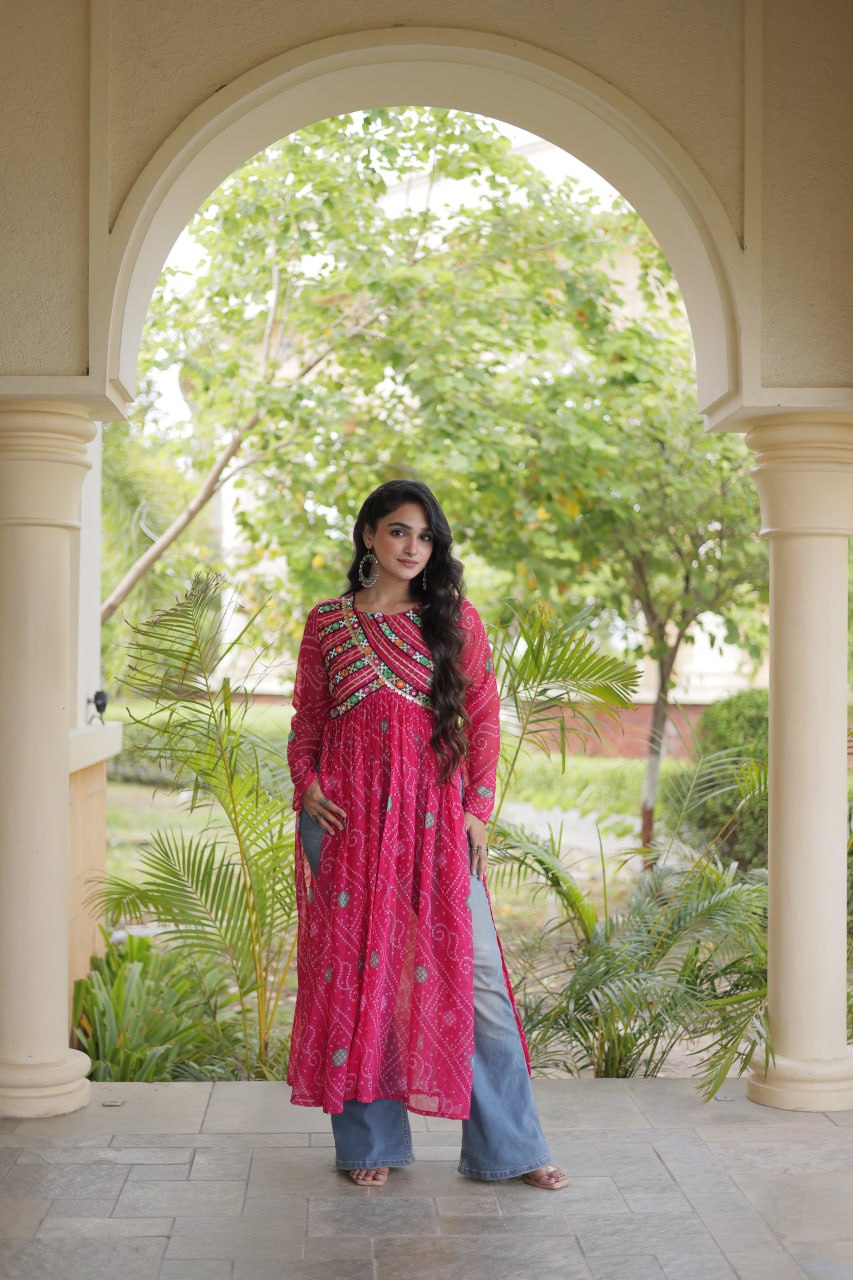 Pink Bandhani Kurti with Kutchi Patchwork