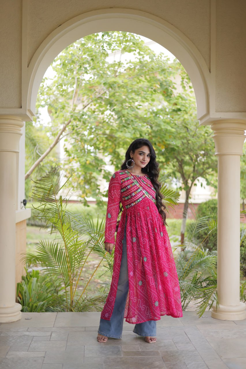 Pink Bandhani Kurti with Kutchi Patchwork