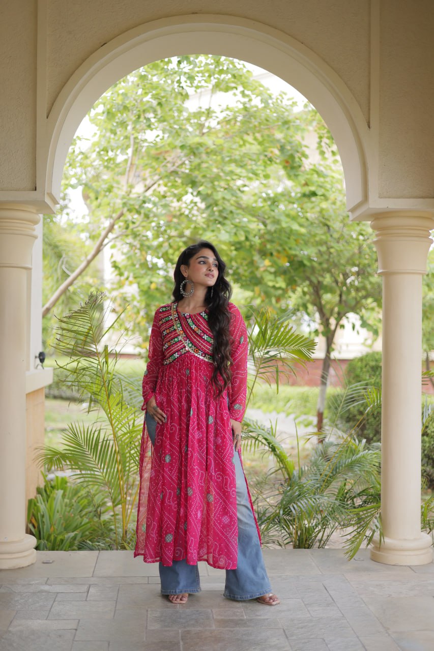 Pink Bandhani Kurti with Kutchi Patchwork