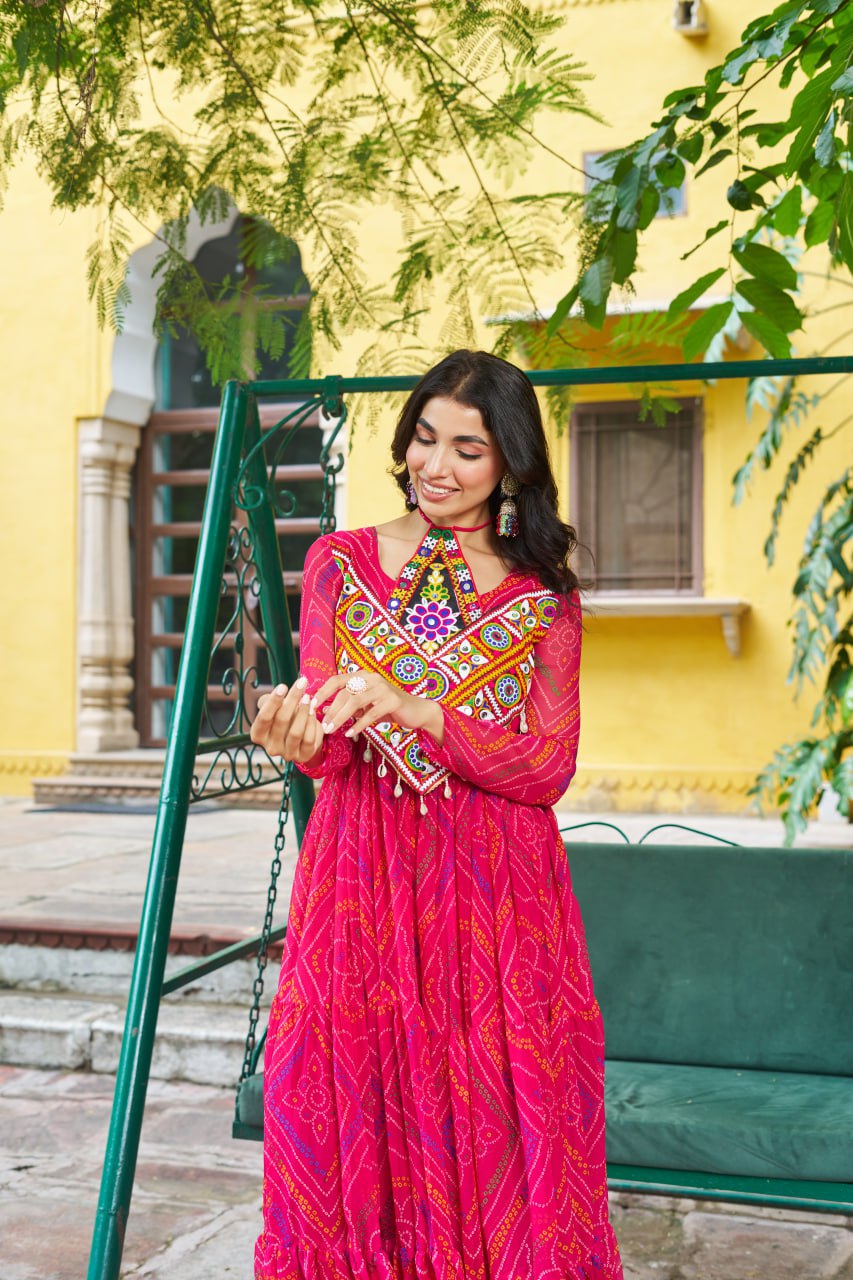 Pink Bandhani Print Faux Georgette Gown with Kutchi Patchwork – Full Sleeves, 9 Meter Flair, Cotton Lining