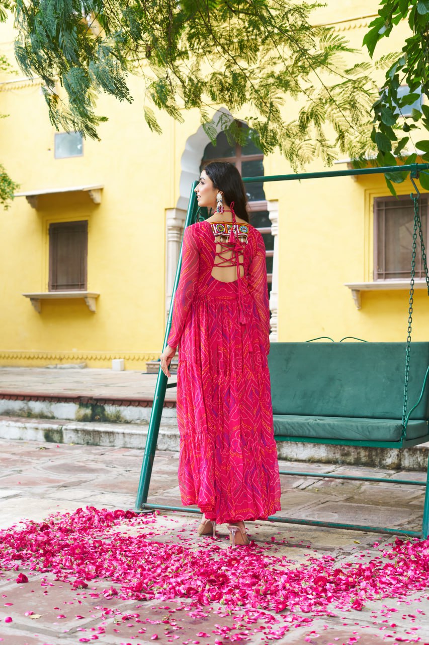 Pink Bandhani Print Faux Georgette Gown with Kutchi Patchwork – Full Sleeves, 9 Meter Flair, Cotton Lining