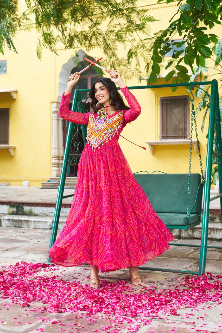 Pink Bandhani Print Faux Georgette Gown with Kutchi Patchwork – Full Sleeves, 9 Meter Flair, Cotton Lining