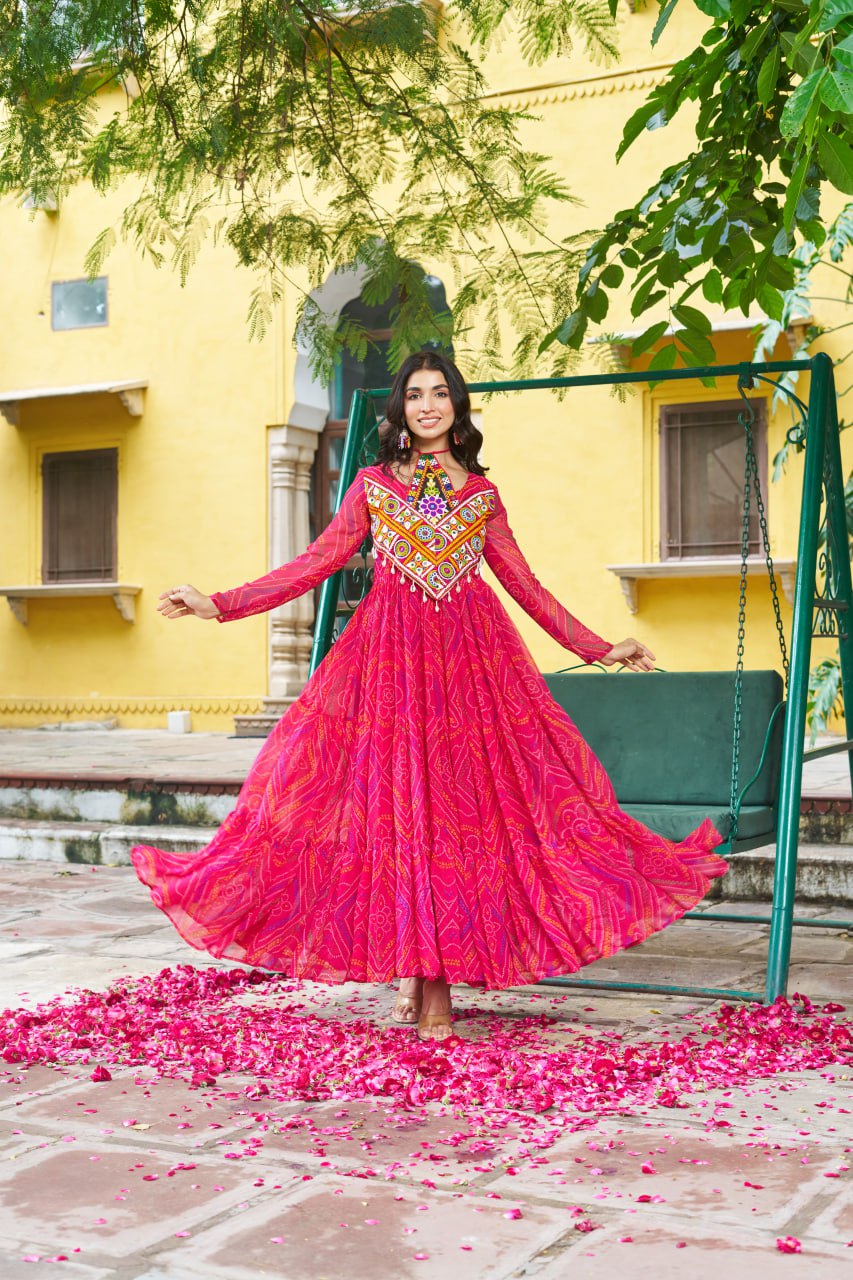 Pink Bandhani Print Faux Georgette Gown with Kutchi Patchwork – Full Sleeves, 9 Meter Flair, Cotton Lining