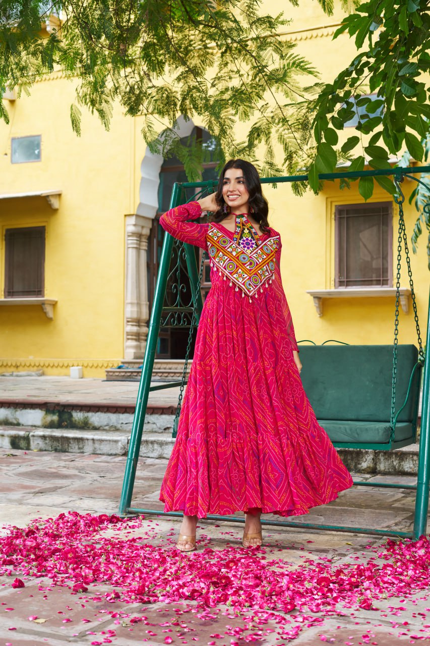 Pink Bandhani Print Faux Georgette Gown with Kutchi Patchwork – Full Sleeves, 9 Meter Flair, Cotton Lining