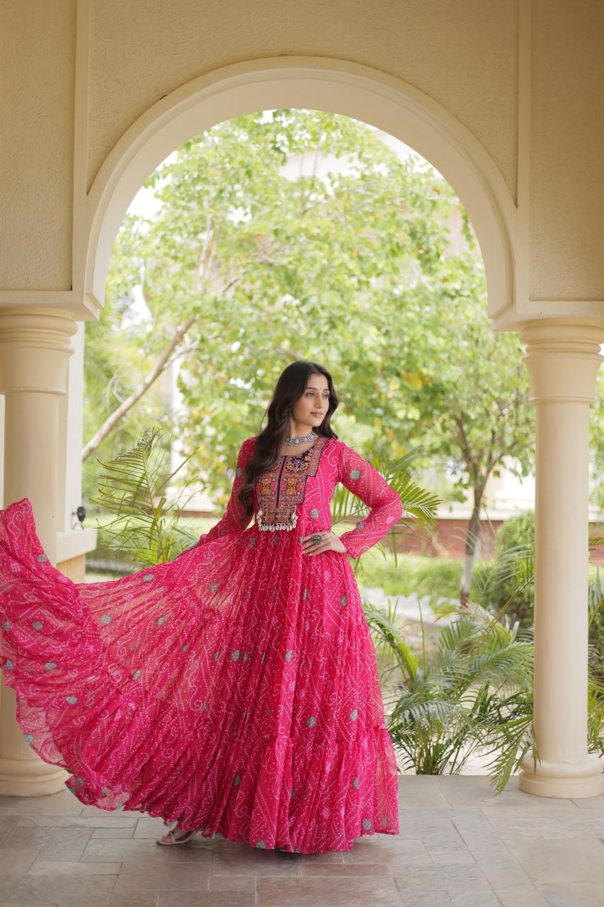 Pink Bandhani Print Gown with Patchwork