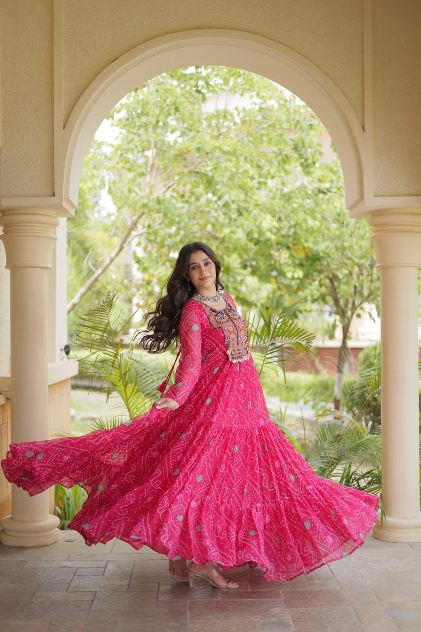 Pink Bandhani Print Gown with Patchwork