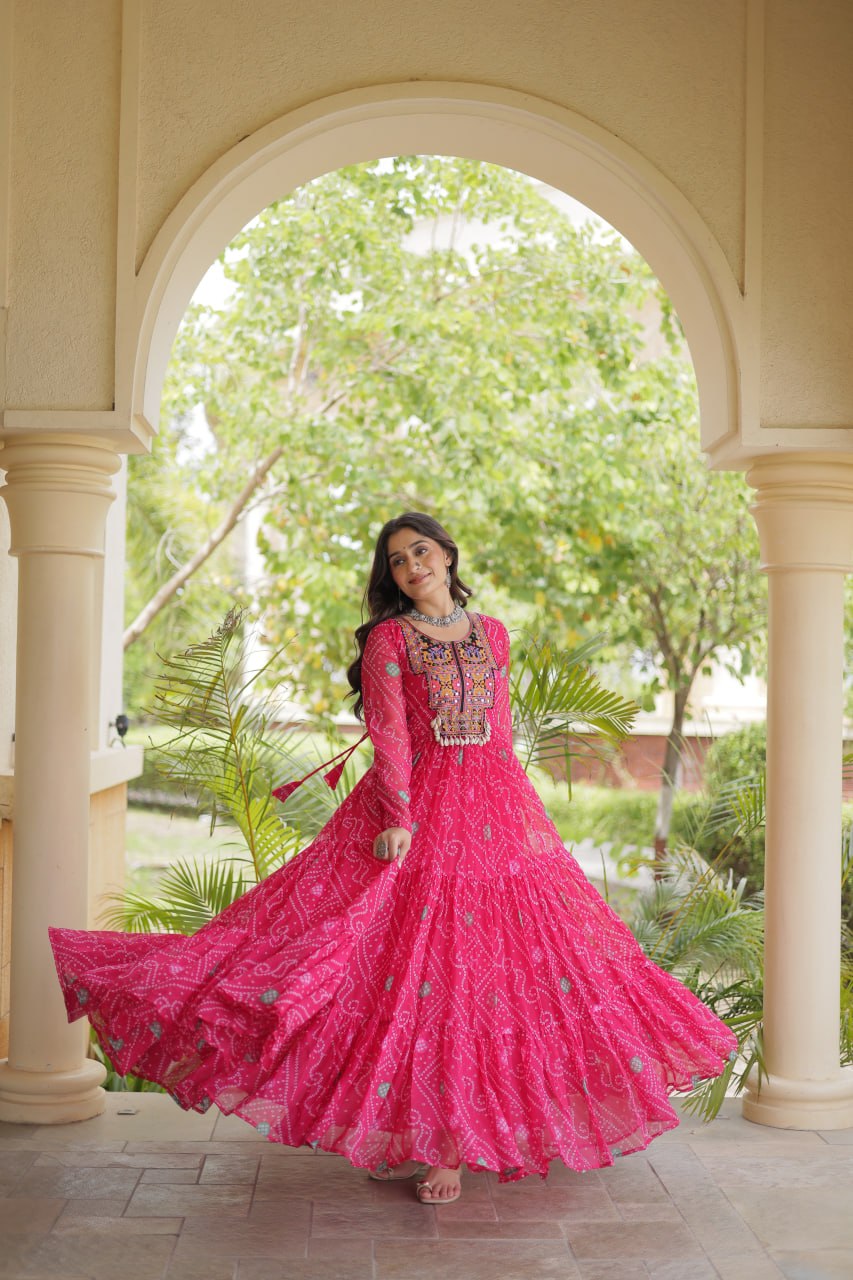 Pink Bandhani Print Gown with Patchwork