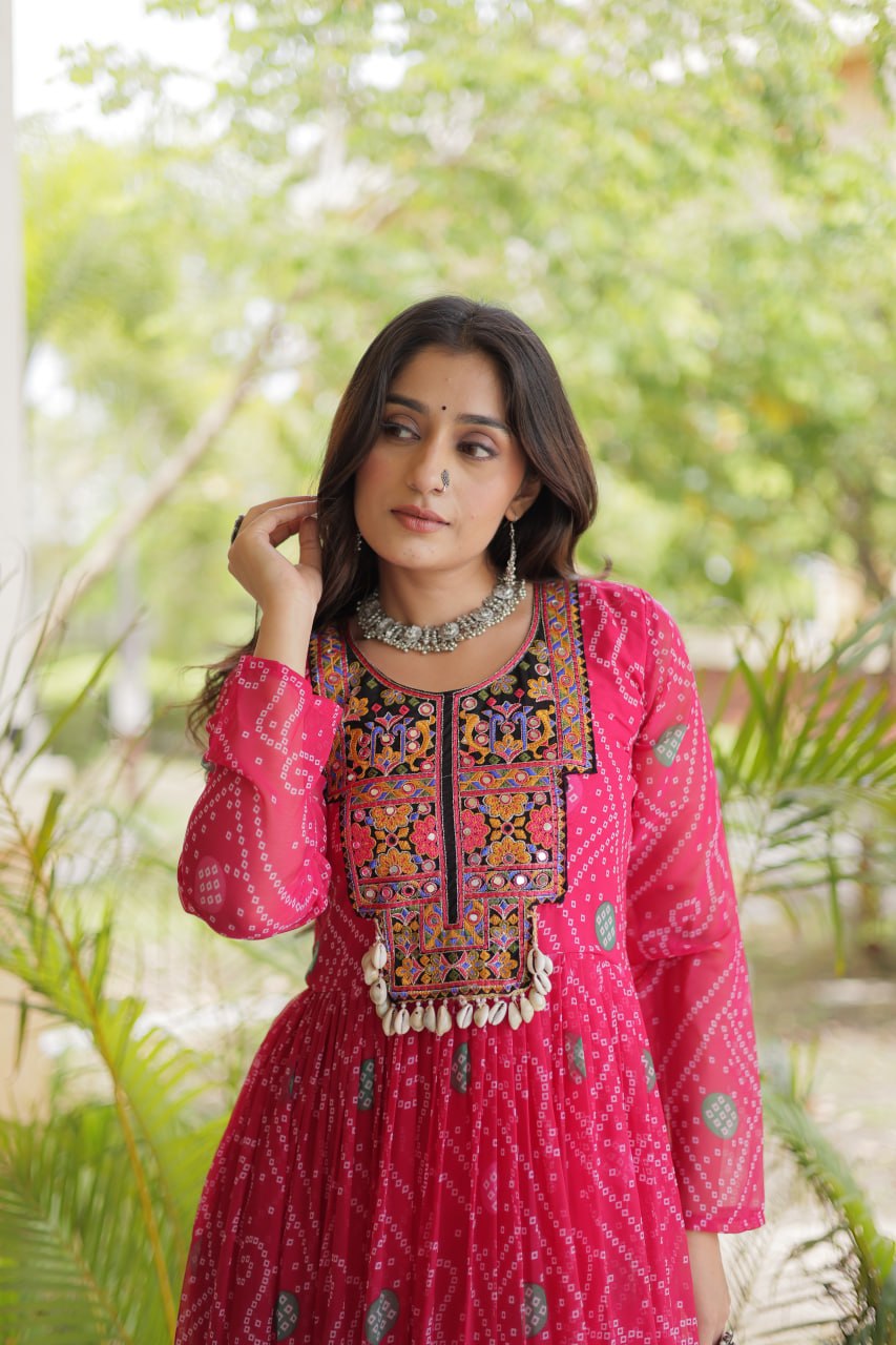 Pink Bandhani Print Gown with Patchwork