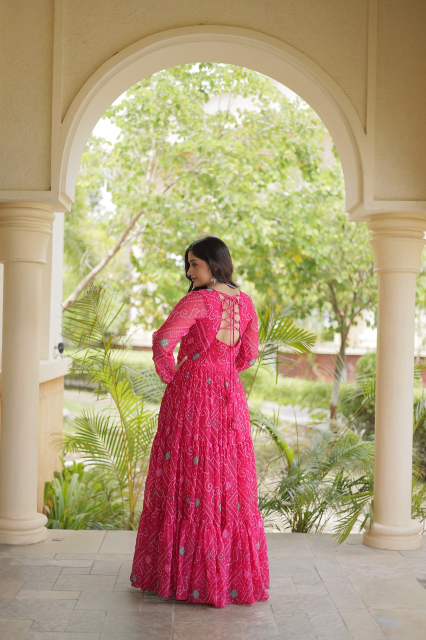 Pink Bandhani Print Gown with Patchwork