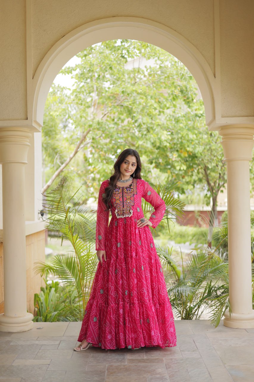 Pink Bandhani Print Gown with Patchwork